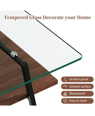 Rectangle Coffee Table, 2 Tier Center Table with Clear Tempered Glass Top and Metal Legs for Living Room