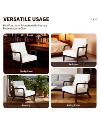 Mid Century Modern Accent Chair - Solid Wood Frame and Detachable Lumbar Pillow, Comfy Linen Armchair for Living Room and Bedroom