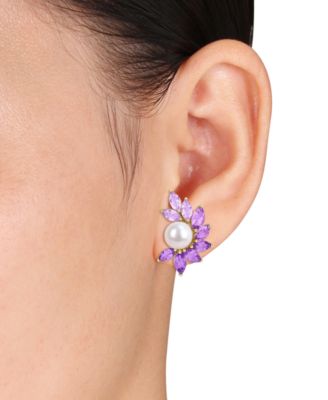Cultured Freshwater Pearl and Amethyst Stud Earrings (6-3/4 ct. t.w.) in 18k Gold Flash Plated Sterling Silver