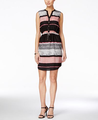 Ivanka Trump Striped Sleeveless Drawstring Shirtdress