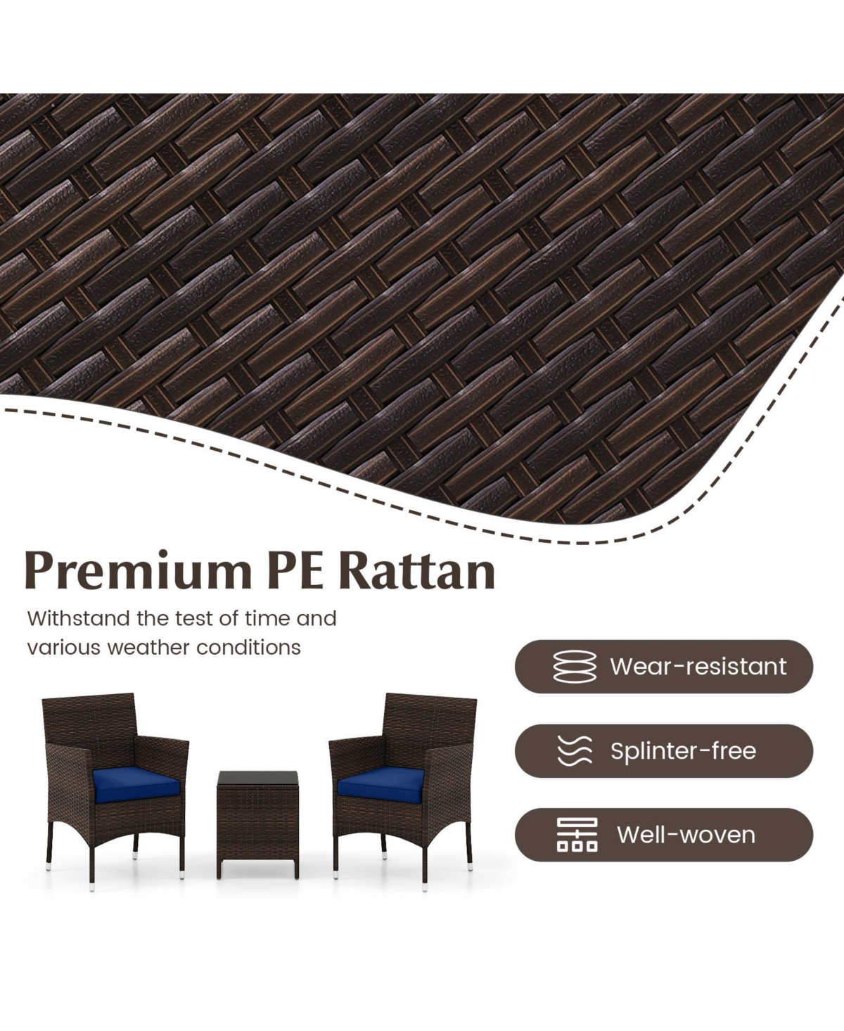 Gymax 3 Pcs Outdoor Conversation Set w/ Cushioned Seat and Tempered Glass Tabletop