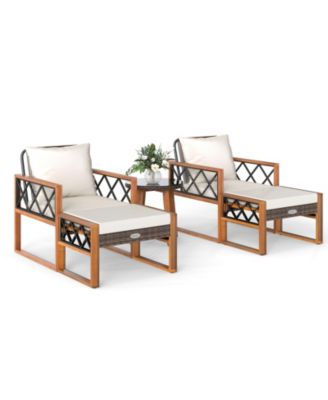 5 PCS PE Rattan Conversation Set w/Acacia Wood Table Chairs w/Ottomans Outdoor