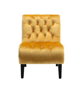 Modern Velvet Accent Chair, Upholstered Fabric Button Reading Chaise with Tufted Back, Wooden Legs and Rolled Edge Design for Living Room