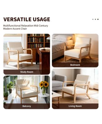 Mid Century Modern Accent Chair - Solid Wood Frame and Detachable Lumbar Pillow, Comfy Linen Armchair for Living Room