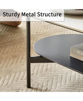 Oval Double Layer Coffee Table - Modern Center Table with Sintered Stone Top and Wood Storage Shelf for Living Room, Home Office