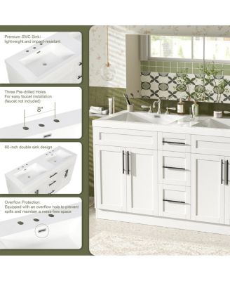 59.3" Double Sink Bathroom Vanity with SMC Integrated Basin, Soft Close Drawers & Adjustable Shelf for Large Bathrooms