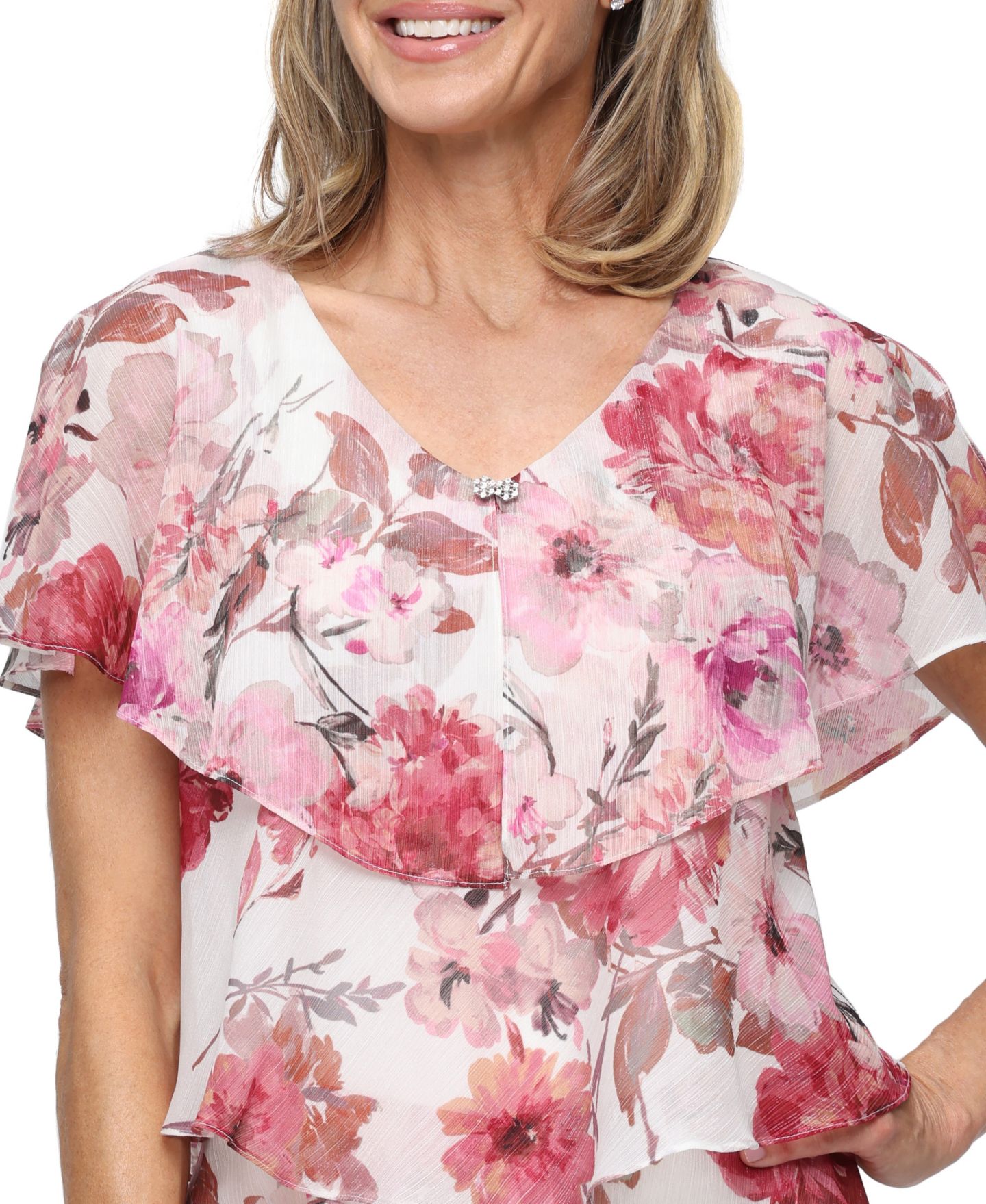 Женское платье SL Fashions Printed V-Neck Tier, цвет: Розовый разноцветный — фото 2