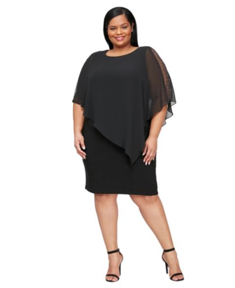 Женское платье SL Fashions Plus Size Crewneck Asymmetric Capelet Sheath, цвет: Чёрный
