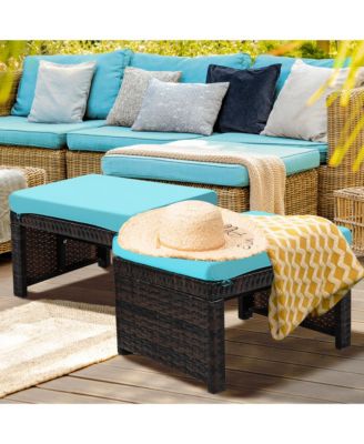 Set of 2 Rattan Ottoman Footrest Footstool Patio Furniture w/ Turquoise Cushion