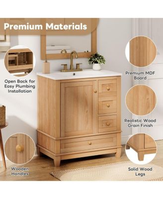 30"   Wood Grain Freestanding Bathroom Vanity, Ceramic Sink With Soft-Close Drawers & Doors, Ample Storage