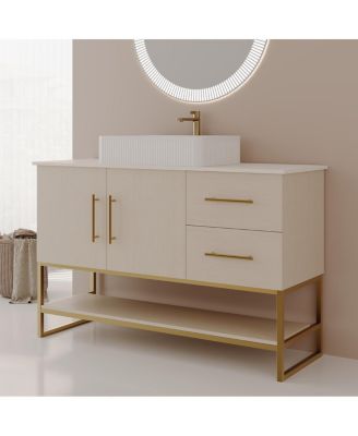 47.2" Bathroom Vanity with Ceramic Vessel Sink, Gold Stainless Steel Frame & Open Shelf, Modern Oak Freestanding Cabinet