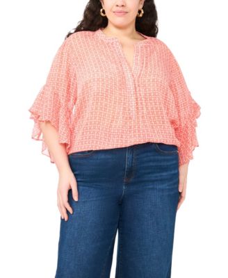 Vince Camuto - Plus Size Pin Tuck Flutter-Sleeve Henley Blouse