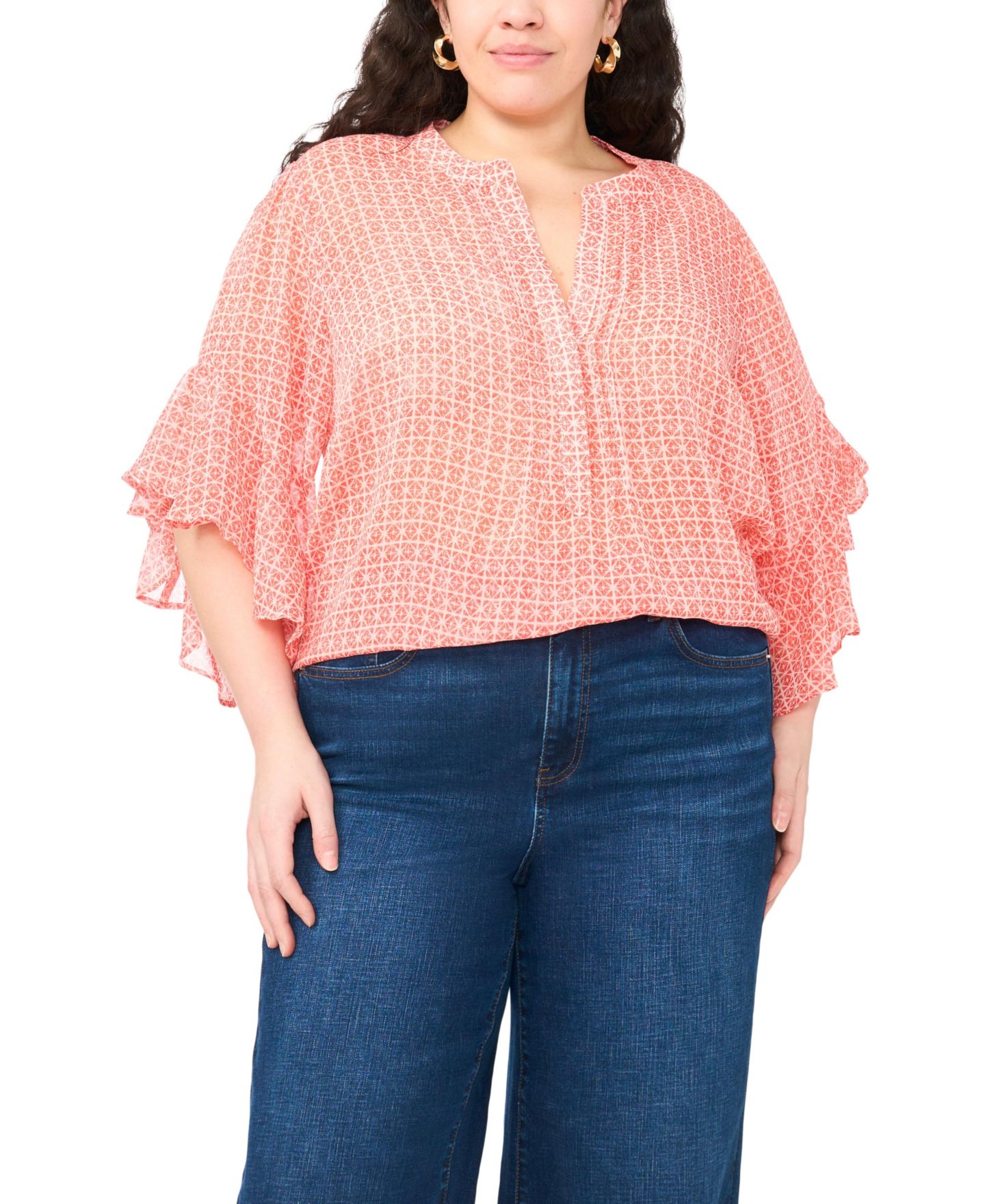 Женская блузка Vince Camuto Plus Size Pin Tuck Flutter-Sleeve Henley Blouse, цвет: Красный — фото 1