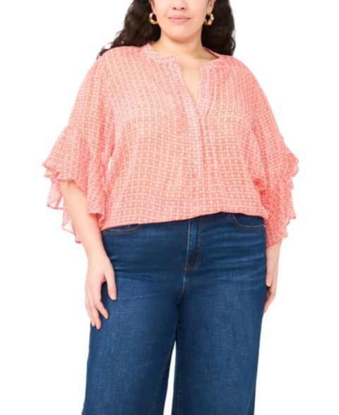 Женская блузка Vince Camuto Plus Size Pin Tuck Flutter-Sleeve Henley Blouse, цвет: Красный