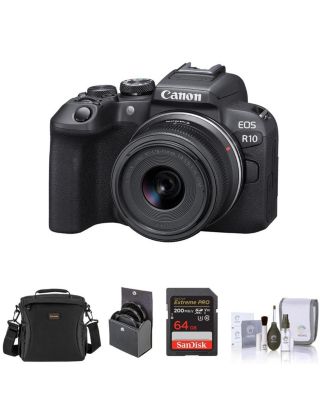 EOS R10 Mirrorless Camera with RF-S 18-45mm f/4.5-6.3 IS STM Lens, Bundle with Memory Card, Shoulder Bag, 49mm Filter Kit and Cleaning Kit