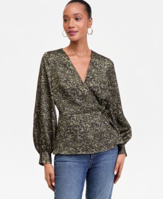 Women's Printed Blouson-Sleeve Wrap Blouse