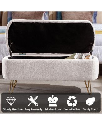 Modern Storage Ottoman Bench - Oval Faux Fur Entryway Bench, End of Bed Bench with Legs for Living Room, Bedroom