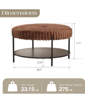 30.9" Wide Upholstered Round Ottoman, Faux Fur Footstool with Wooden Open Storage Shelf and Black Metal Legs for Living Room