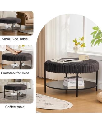 30.9" Wide Upholstered Round Ottoman, Faux Fur Footstool with Wooden Open Storage Shelf and Metal Legs for Living Room