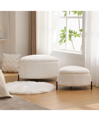 Triangle Storage Ottoman Set of 2, Faux Fur Footrest with Metal Legs, Reversible Lid for Living Room, Bedroom, Entryway