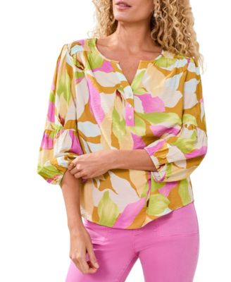 Women's Printed Challis Smocked Yoke Top