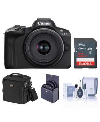 EOS R50 Mirrorless Camera, Black with RF-S 18-45mm f/4.5-6.3 IS STM Lens, 32GB SD Card, Shoulder Bag, 49mm Filter Kit, Cleaning Kit