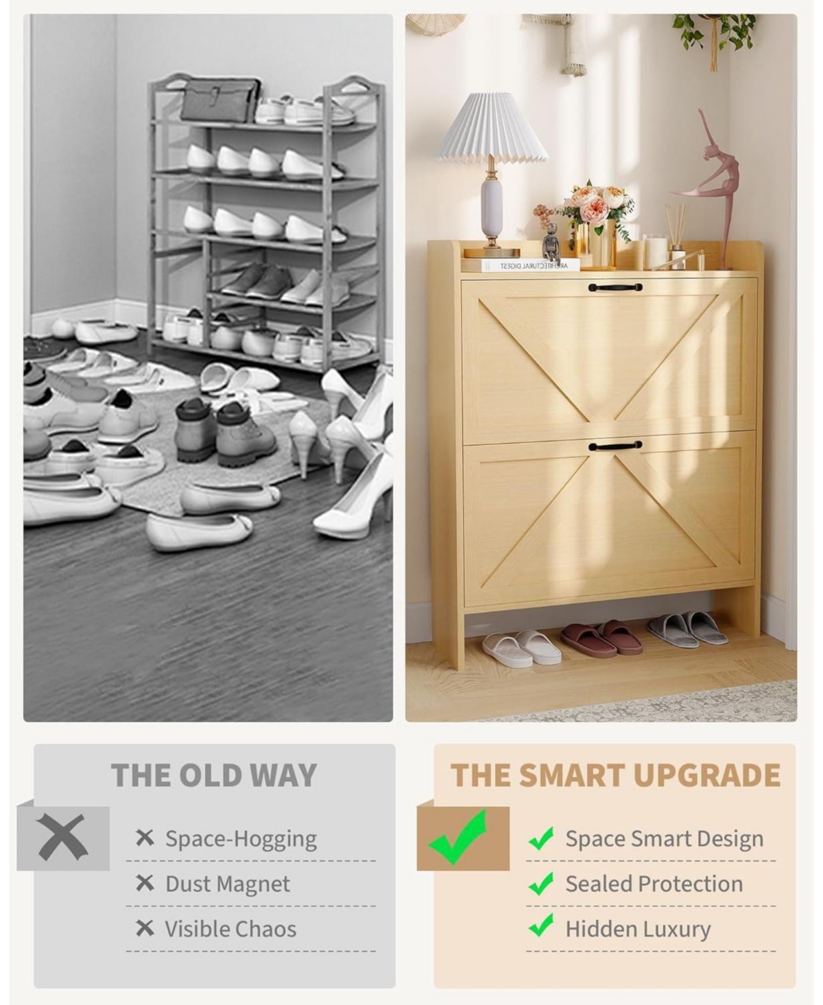 Homfan Slim Entrance Hallway Shoe Rack with 2 Folding Drawers - Adjustable Shelves - Metal Legs - Modern Space Saving Design - Capacity 12-16 Pairs