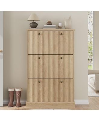 Fluted Shoe Cabinet Storage with 3 Flip Drawers, Wooden Fluted Narrow Shoe Organizer with Adjustable and Removable Shelves