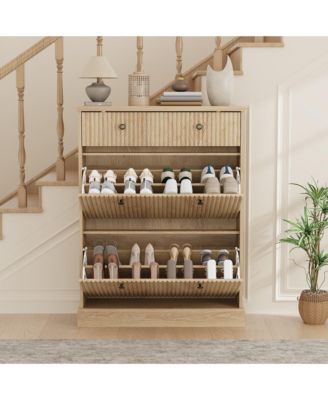 Fluted Shoe Storage Cabinet with 2 Flip Drawers and Top Drawer, 42" Tall Narrow Shoe Organizer, Curved Profile Design