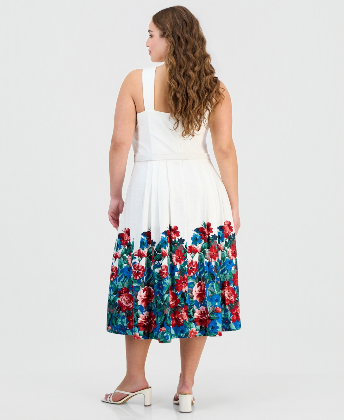 Tahari Asl Plus Border-Print Sleeveless Belted Dress