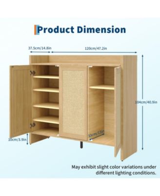 Rattan Shoe Cabinet for Entryway, Wooden Shoe Rack Freestanding Storage Cabinet with Adjustable Shelves for Living Room Hallway
