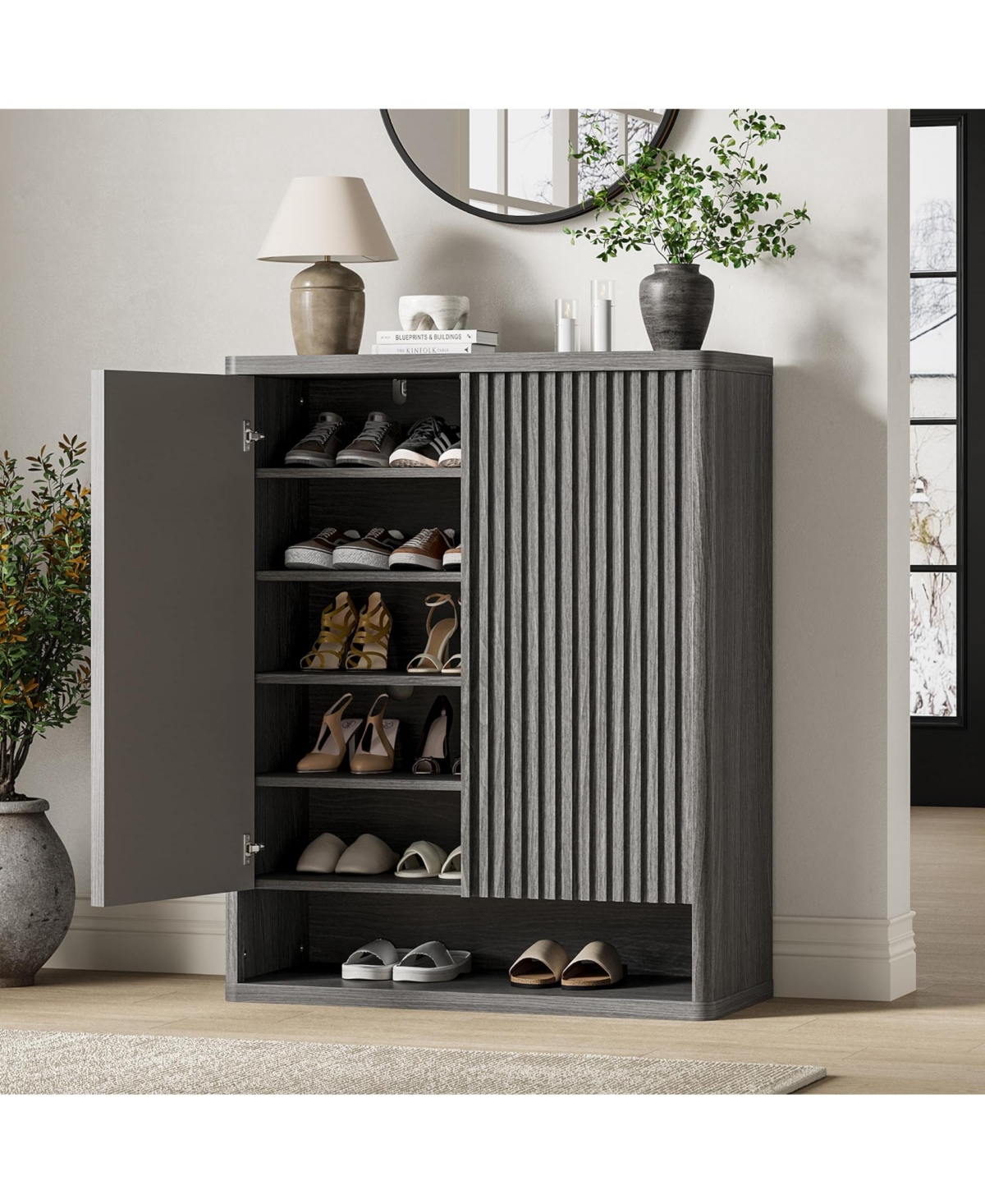 Homfan 31.5 Inch Shoe Cabinet, Large Shoe Storage Cabinet with Adjustable Shelves, Wooden Shoe Organizer with Fluted Door Holds 25–30 Pairs