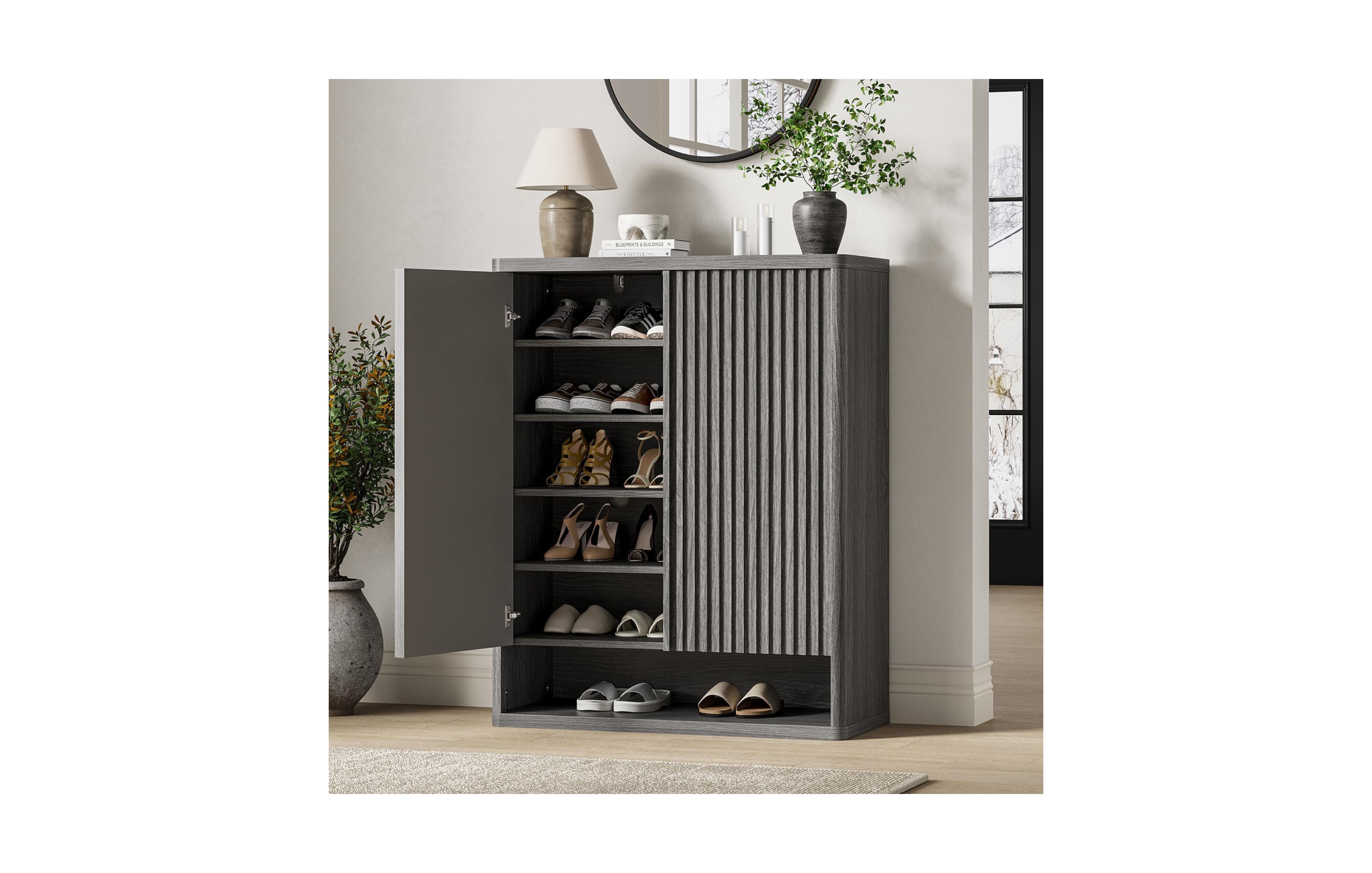 Homfan 31.5 Inch Shoe Cabinet, Large Shoe Storage Cabinet with Adjustable Shelves, Wooden Shoe Organizer with Fluted Door Holds 25-30 Pairs