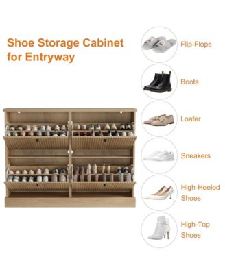 Shoe Cabinet with 4 Flip Drawers,Freestanding Cabinet with Adjustable Shelves and Thicken Top, Fluted Design, Wooden Narrow Shoe Organizer