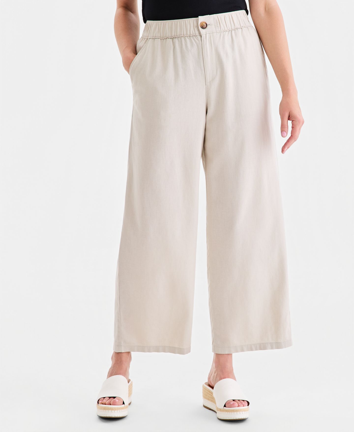 Женские брюки Style & Co Linen Blend Button-Front Wide-Leg, цвет: Серо-бежевый — фото 3
