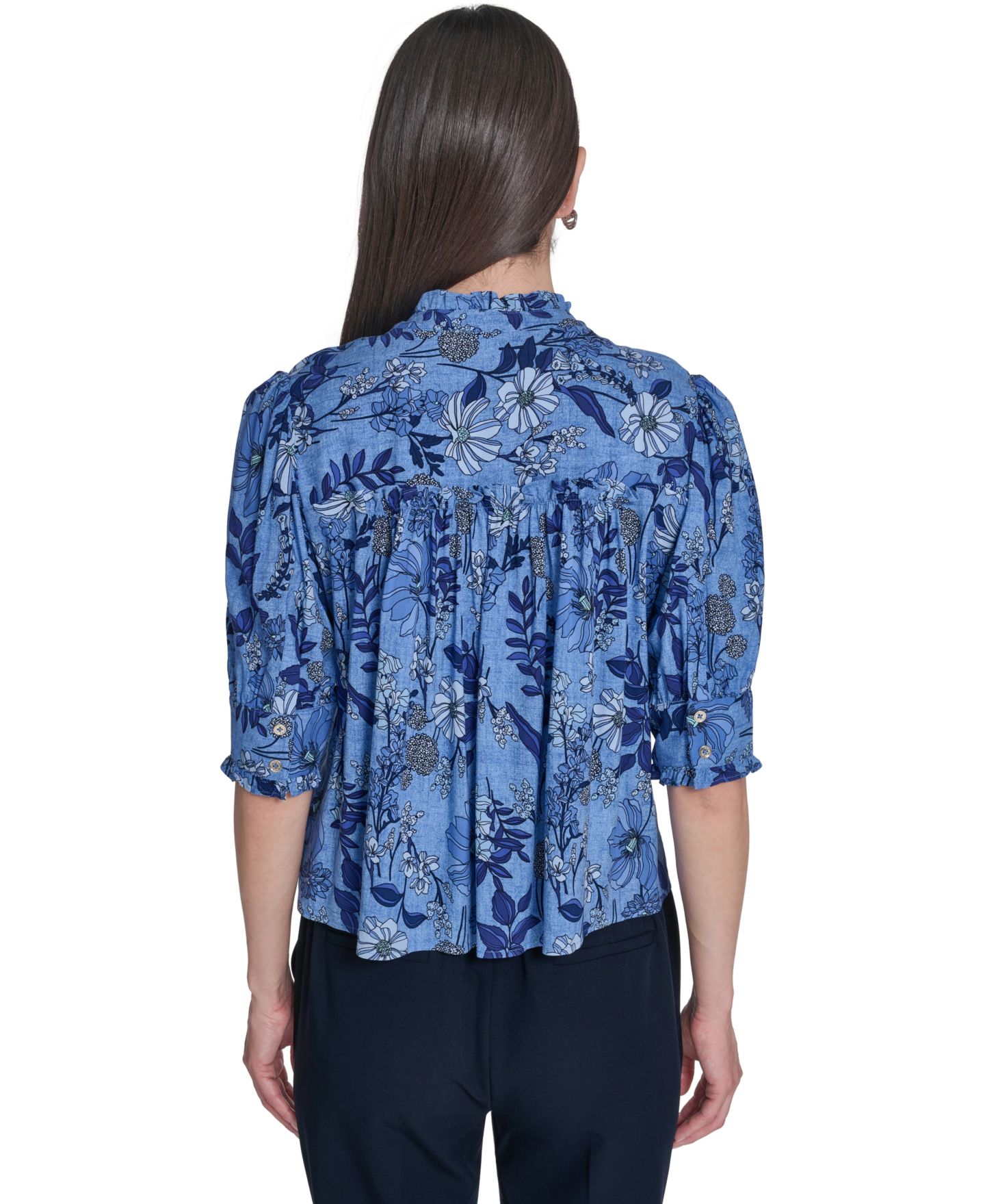 Женская блузка Tommy Hilfiger Floral Print Elbow-Sleeve Blouse, цвет: Синий разноцветный — фото 2