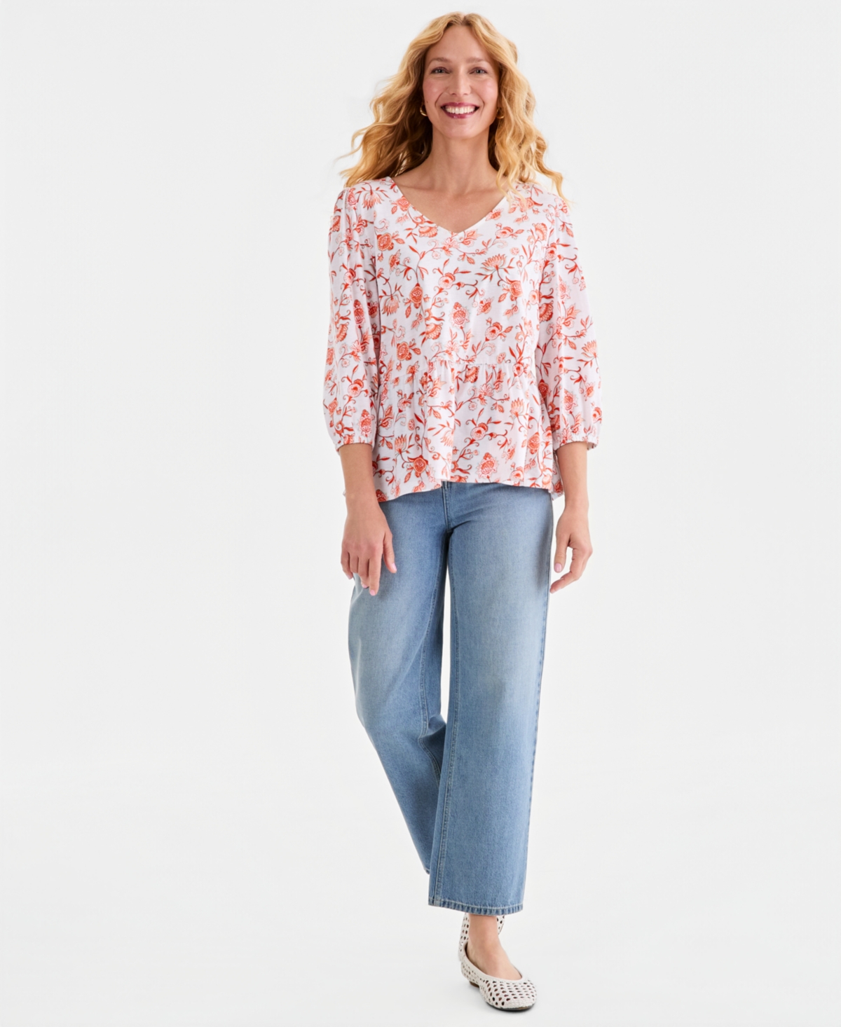 Style & Co Women's Printed 3/4-Sleeve V-Neck Peplum Top, Macy's Exclusive