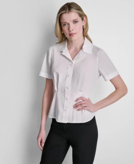 Petite Short-Sleeve Collared Blouse - White