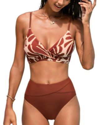 Women's High Waisted V Neck Twist Front Bikini Sets