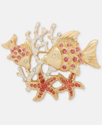 Boxed Gold-Tone Coral Dual Crystal Fish Pin