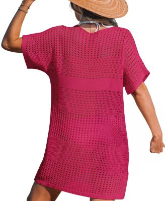 Women's Beige Crochet Short Sleeve Cover-Up Dress