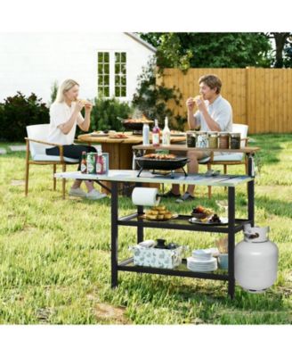 Outdoor Foldable Grill Table with Flip-Up Top and 2 Storage Shelves for Backyard Garden