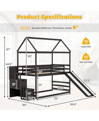 Loft Bed w/ Slide and Storage Staircase Twin Over Twin House-shaped Bunk Bed