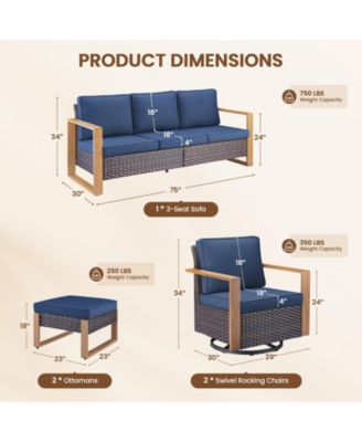 5 Pieces Patio Furniture Set with Swivel Chairs, High Back Wicker Rattan Sofa with Thick Cushion and Ottoman, Outdoor Conversation Set