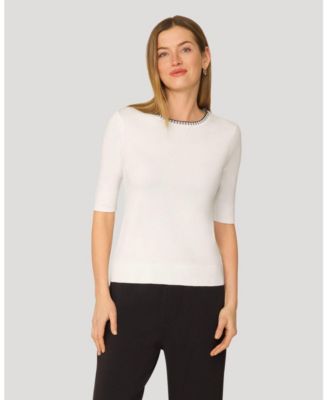 Women's Elbow Sleeve Pick Stitch Trim Sweater