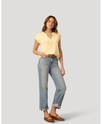 Women's Split Neck Sleeve Tab Top