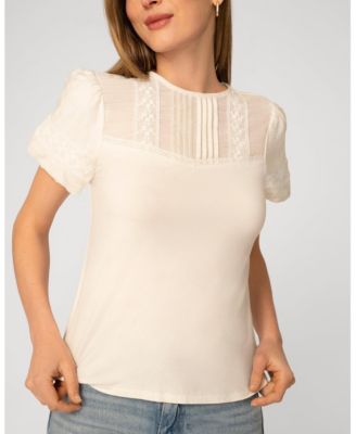 Women's Puff Sleeve Mix Media Trim Top