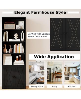 Tall Freestanding Bookshelf with Cabinet and Open Shelves