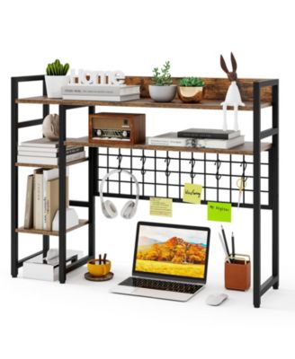 Desktop Shelf Rack with Metal Grid Panel and Hanging Hooks
