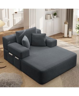 Corduroy Upholstered Chaise Chair, Convertible Sofa Bed with Storage Pocket and 3 Pillows, Frameless and Compression Foam for Living Room